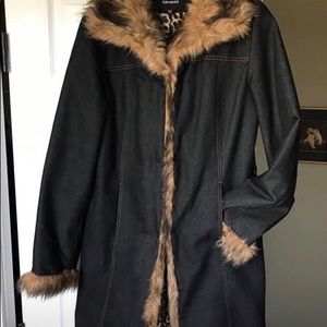 Express Denim Leopard-lined, Faux Fur trimmed coat